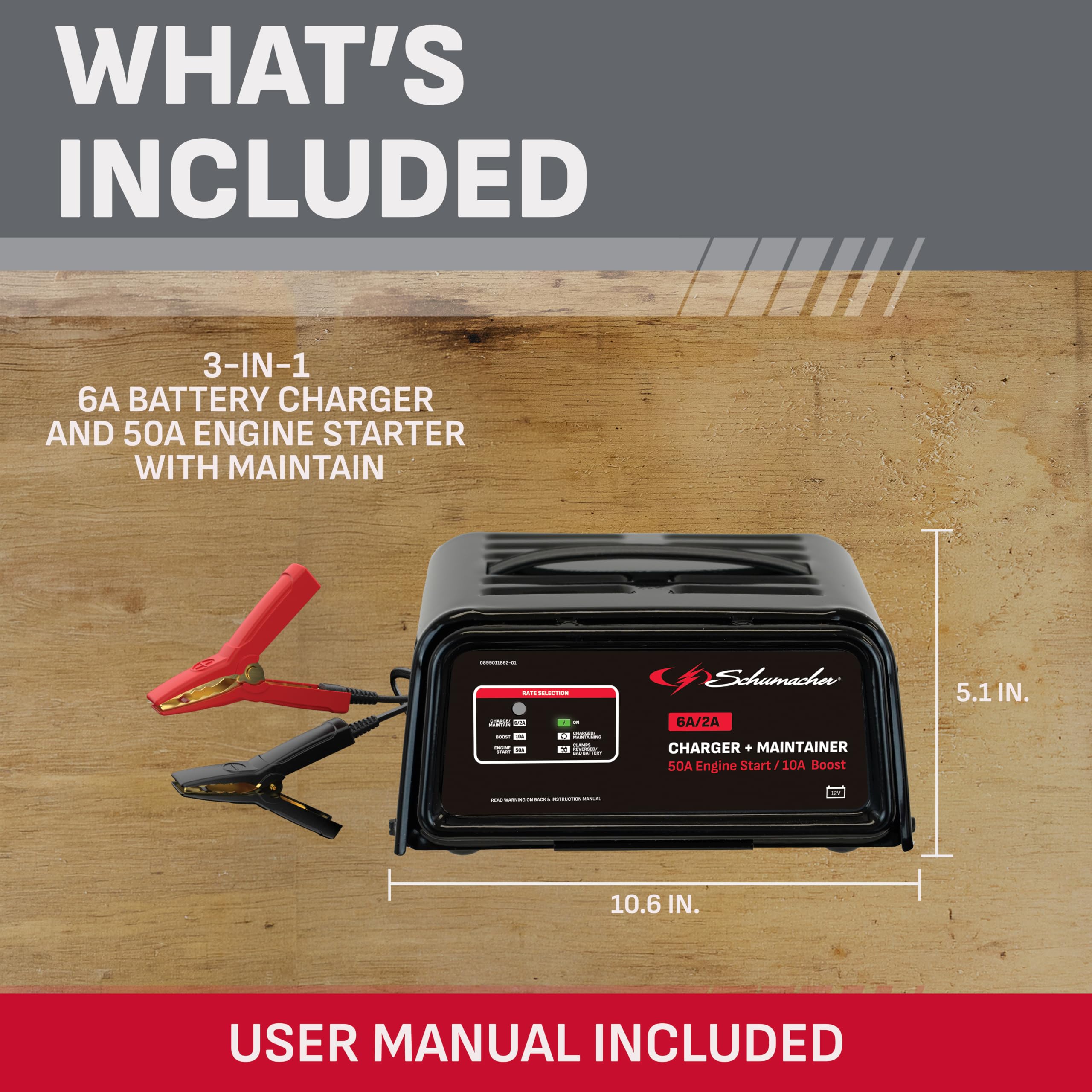 Schumacher SC1305 display in maintenance mode showing long-term battery care benefit