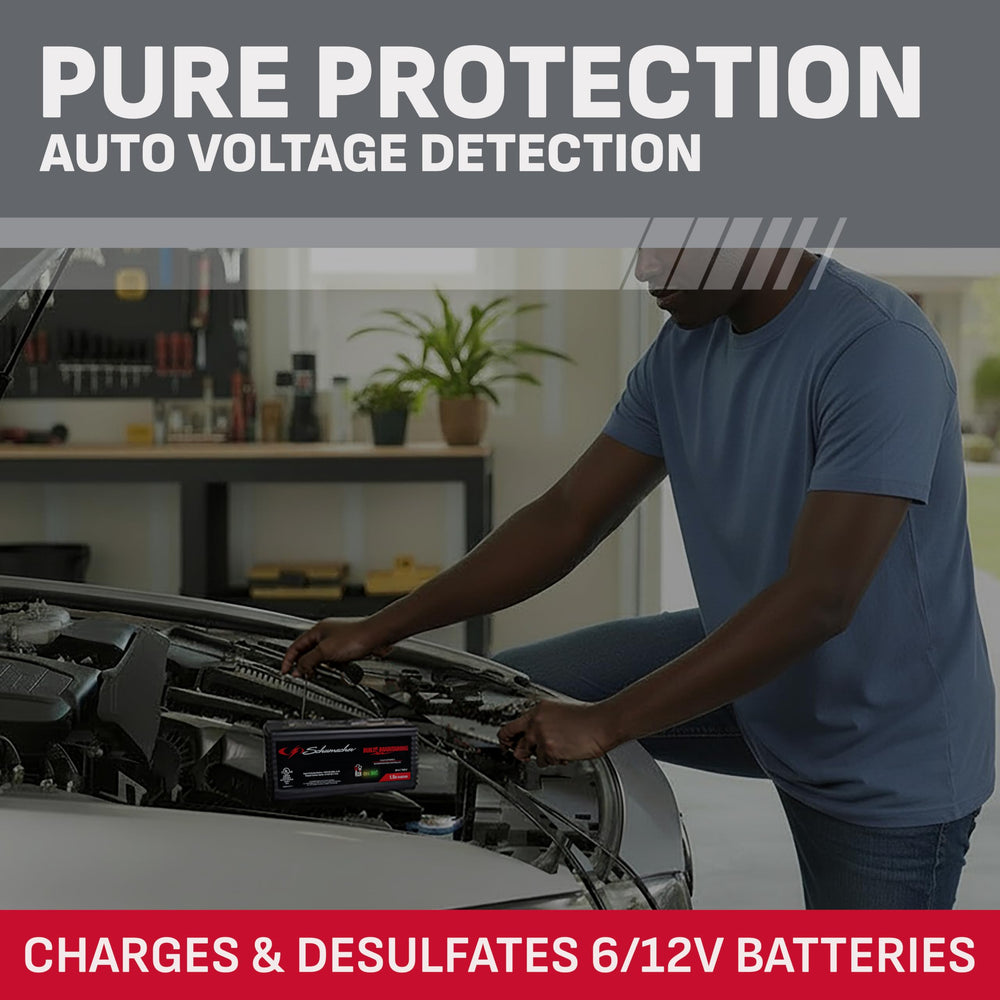 Schumacher SC1355 close-up label with specs and safety icons for reliable, informed use