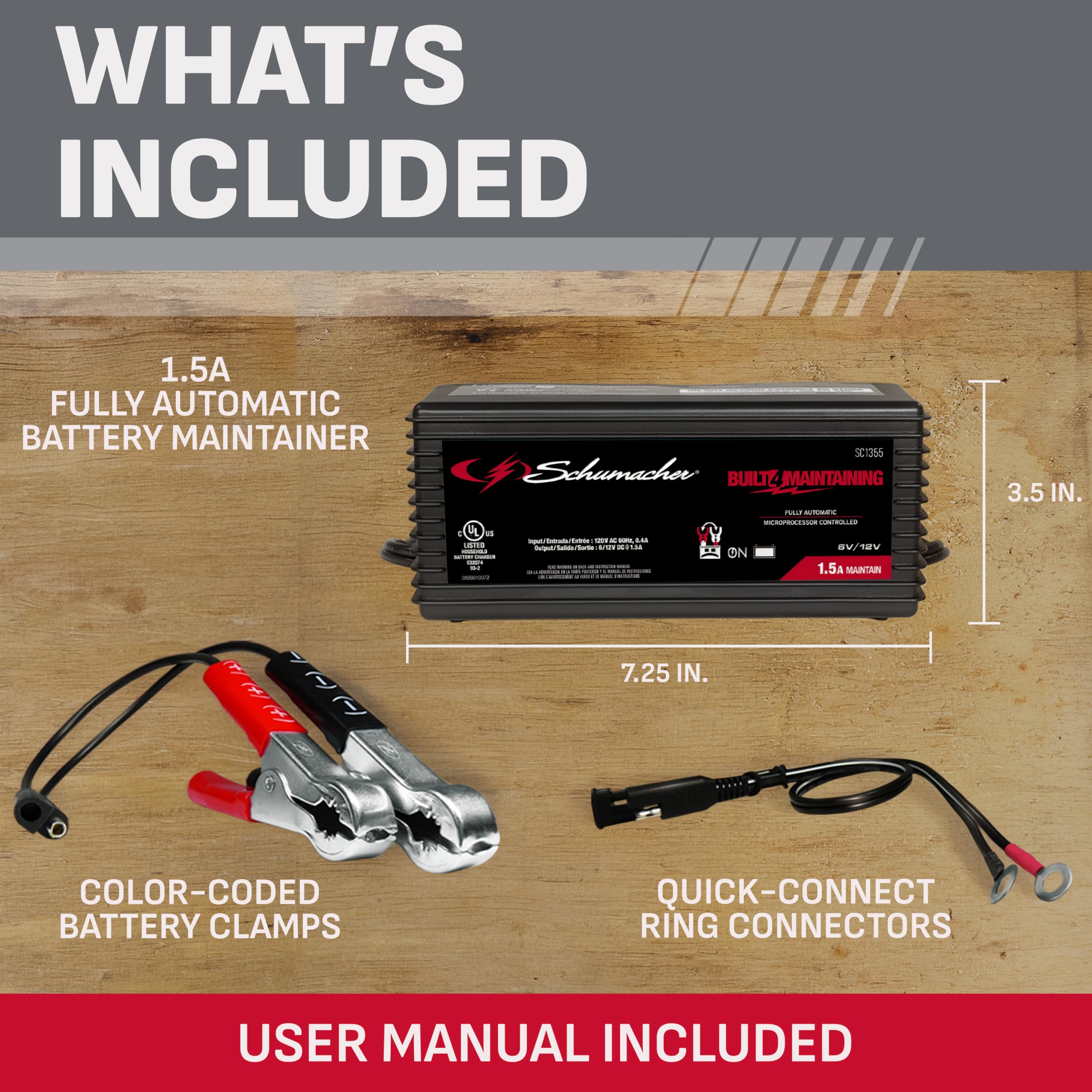 Schumacher SC1355 desulfation mode indicator detail highlighting battery reviving capability