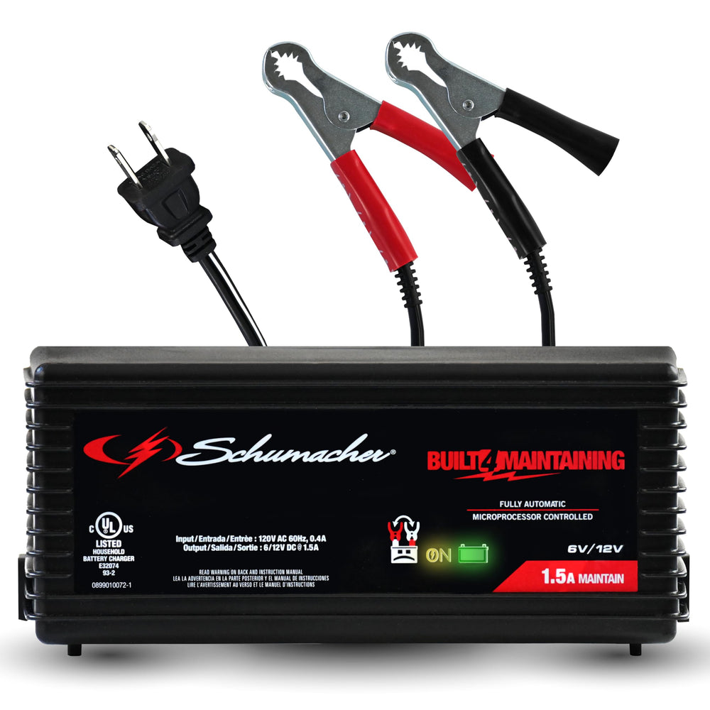 Schumacher SC1355 front panel showing controls and LEDs for easy monitoring and safe charging