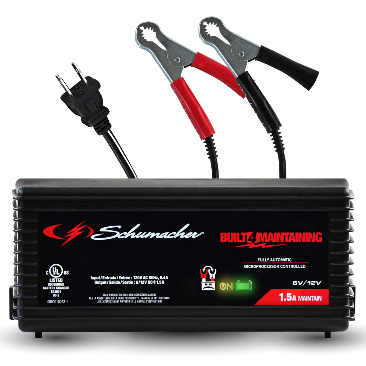 Schumacher SC1355 front panel showing controls and LEDs for easy monitoring and safe charging