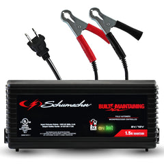 Schumacher SC1355 front panel showing controls and LEDs for easy monitoring and safe charging