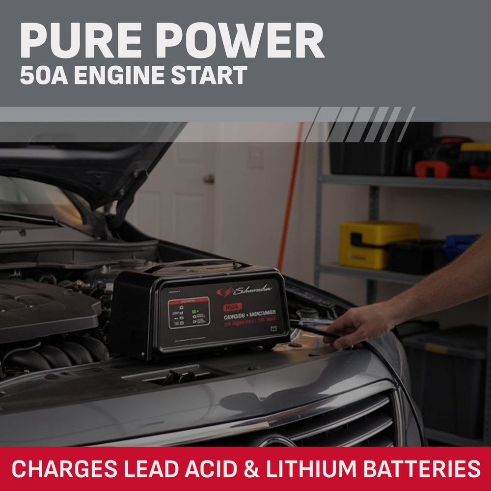 Schumacher Electric connected to a car battery demonstrating quick charging benefit