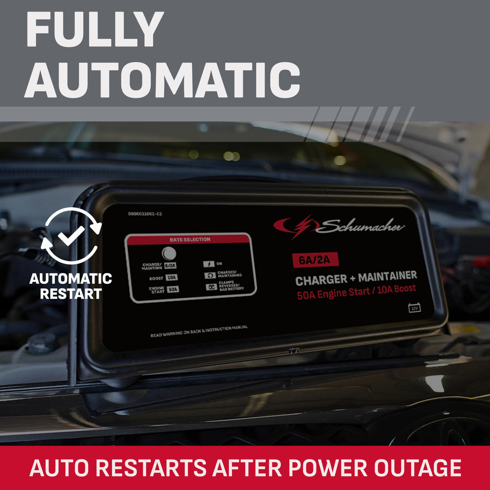 Schumacher Electric LED control panel illustrating modes and easy push-button selection