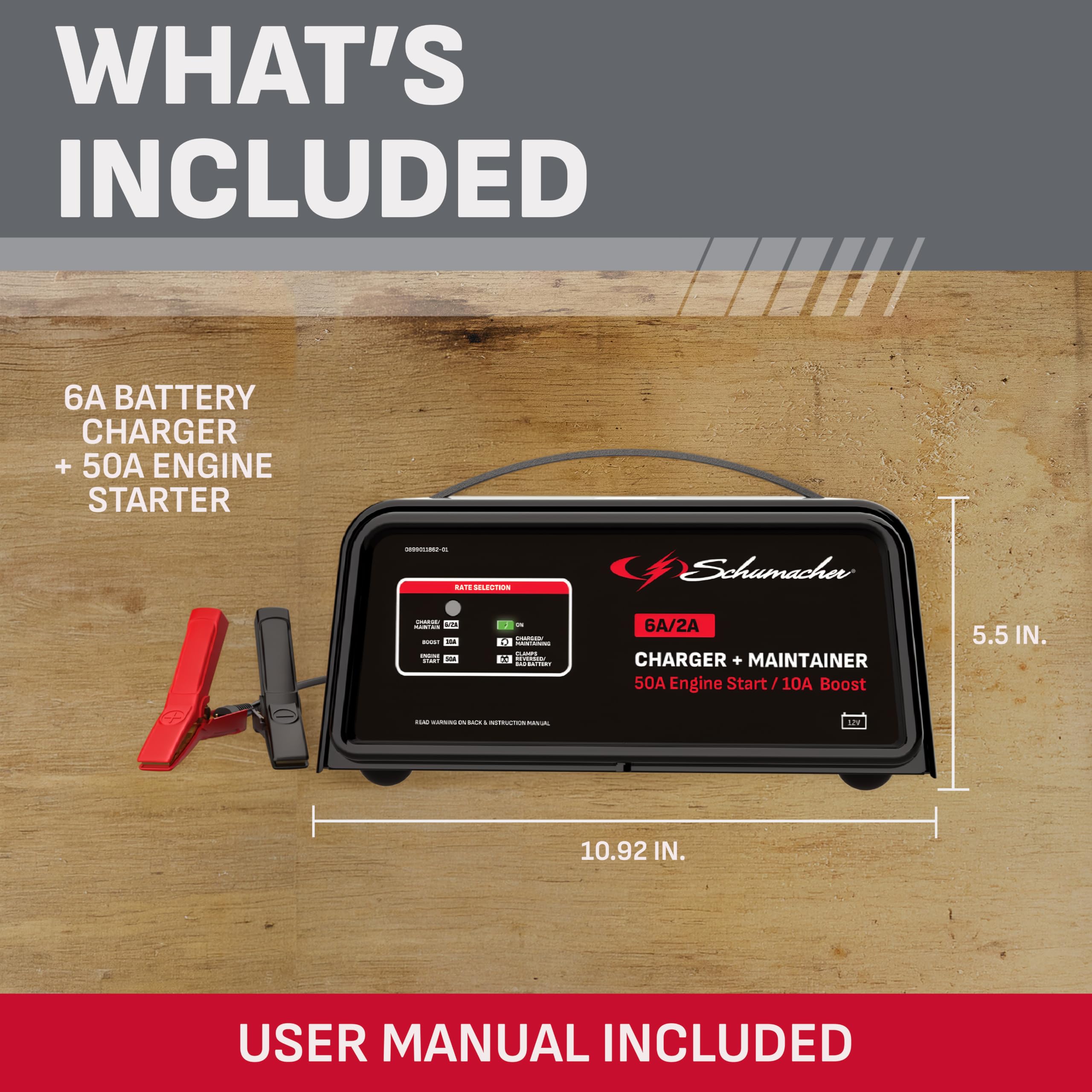 Schumacher Electric on a workbench for scale showing compact footprint and portability