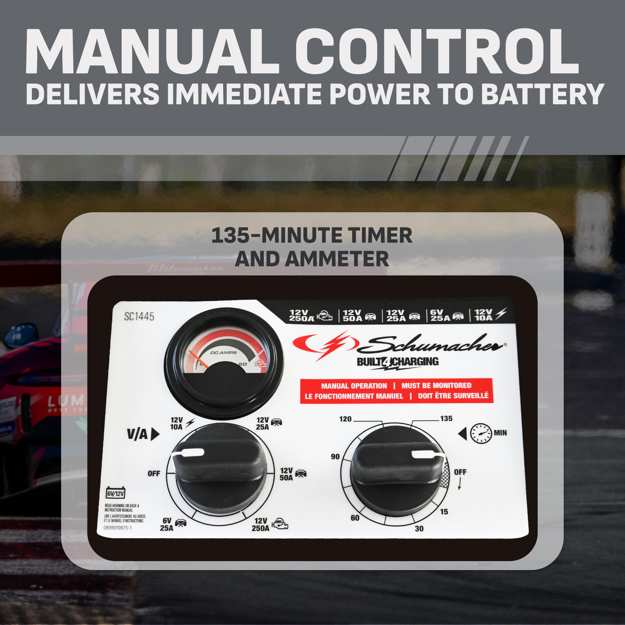 Schumacher SC1445 250A engine start label emphasizing instant starting power
