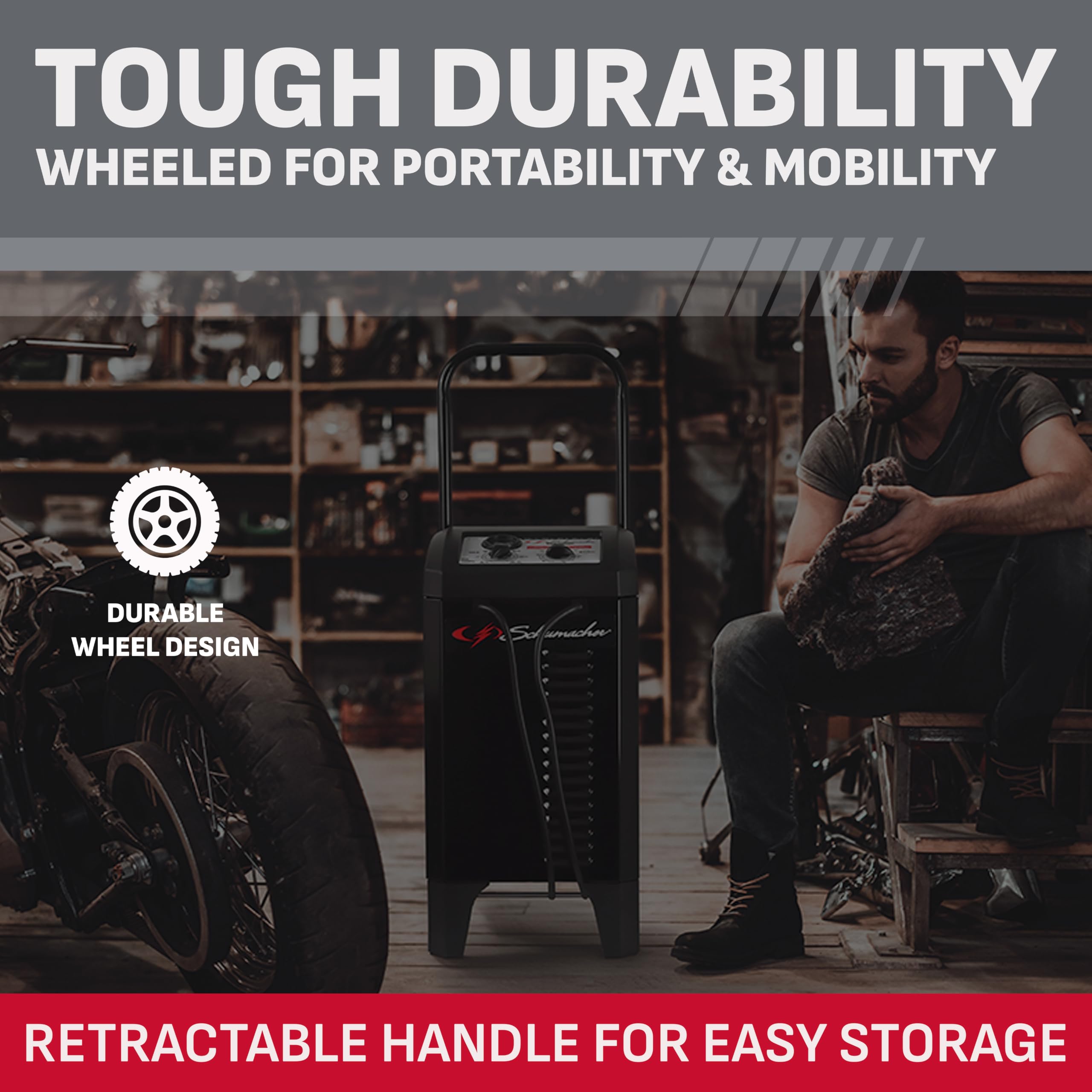 Schumacher SC1445 heavy‑duty clamps and cable providing secure battery connection