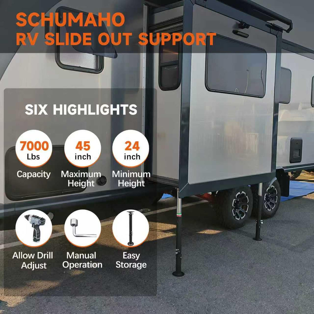 Schumaho support jack installed under camper slide-out stabilizing movement