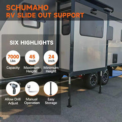 Schumaho support jack installed under camper slide-out stabilizing movement