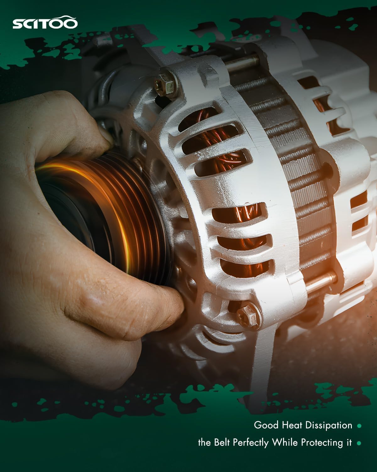 SCITOO alternator next to ruler illustrating compact size for space-limited engine bays