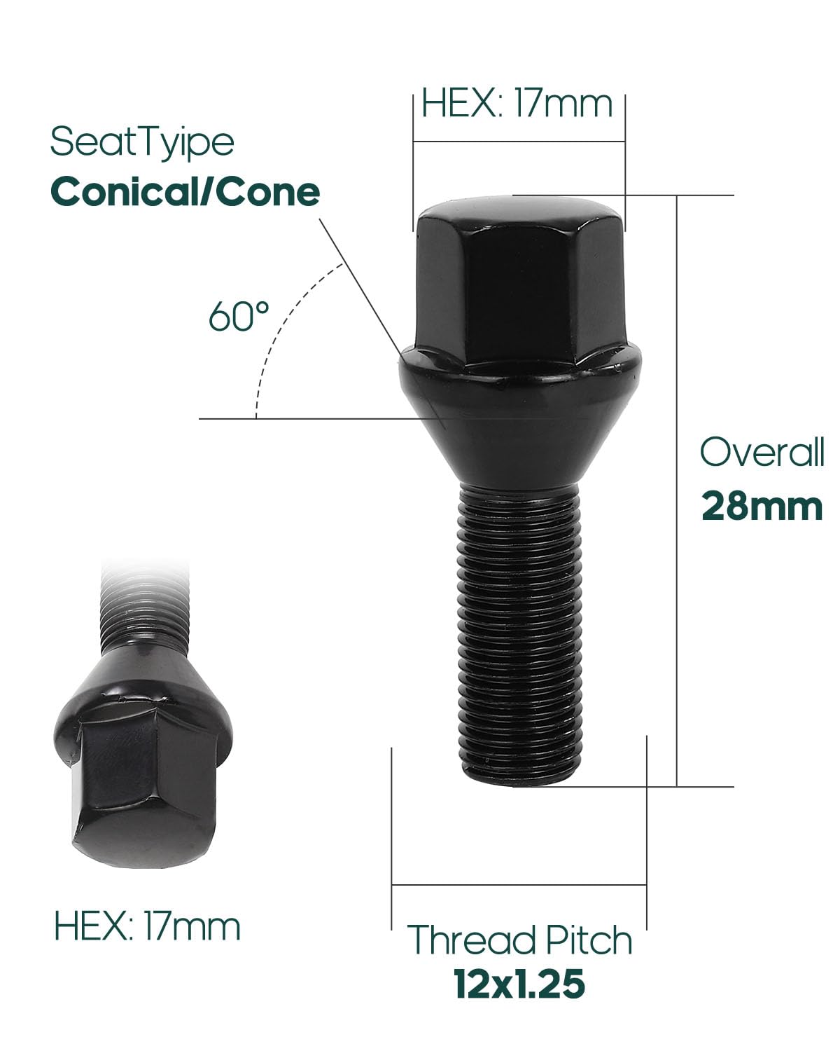 SCITOO close-up of M12x1.25 threads and conical seat for reliable seating