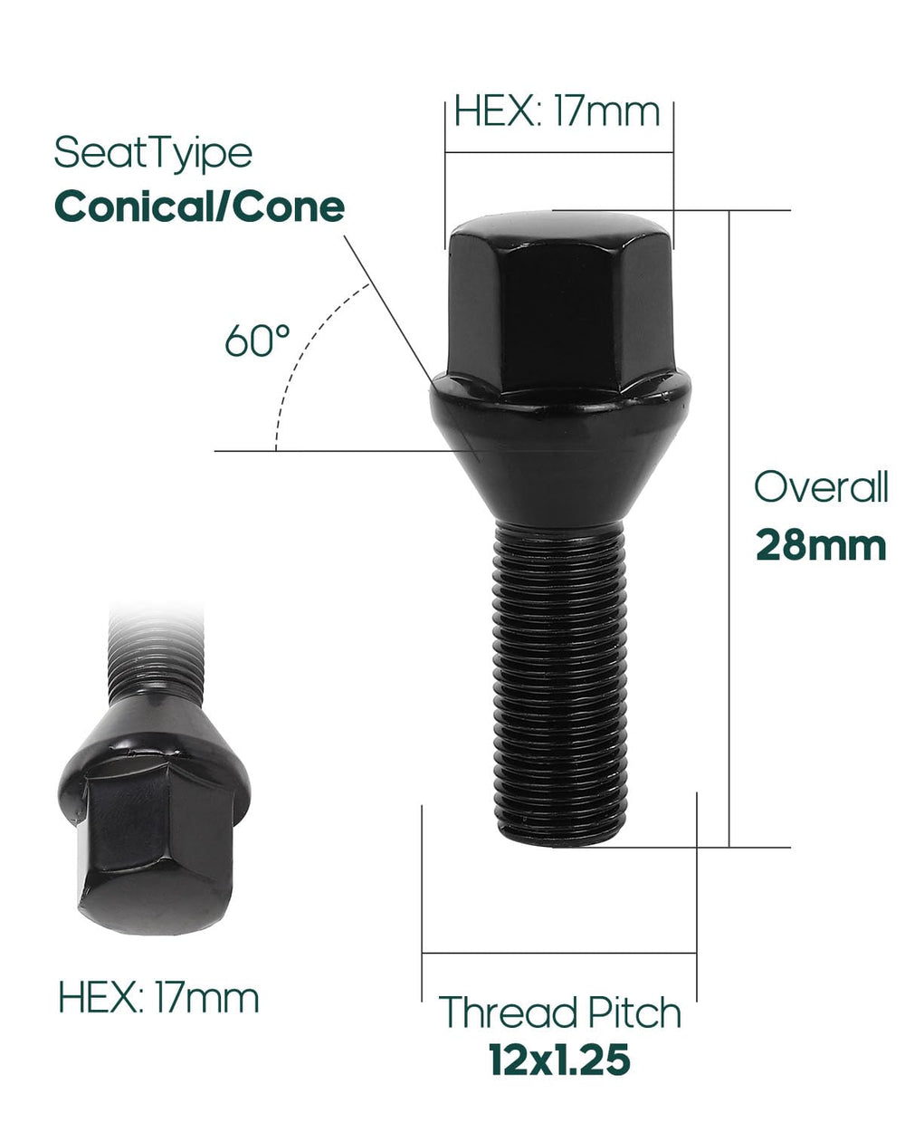SCITOO close-up of M12x1.25 threads and conical seat for reliable seating