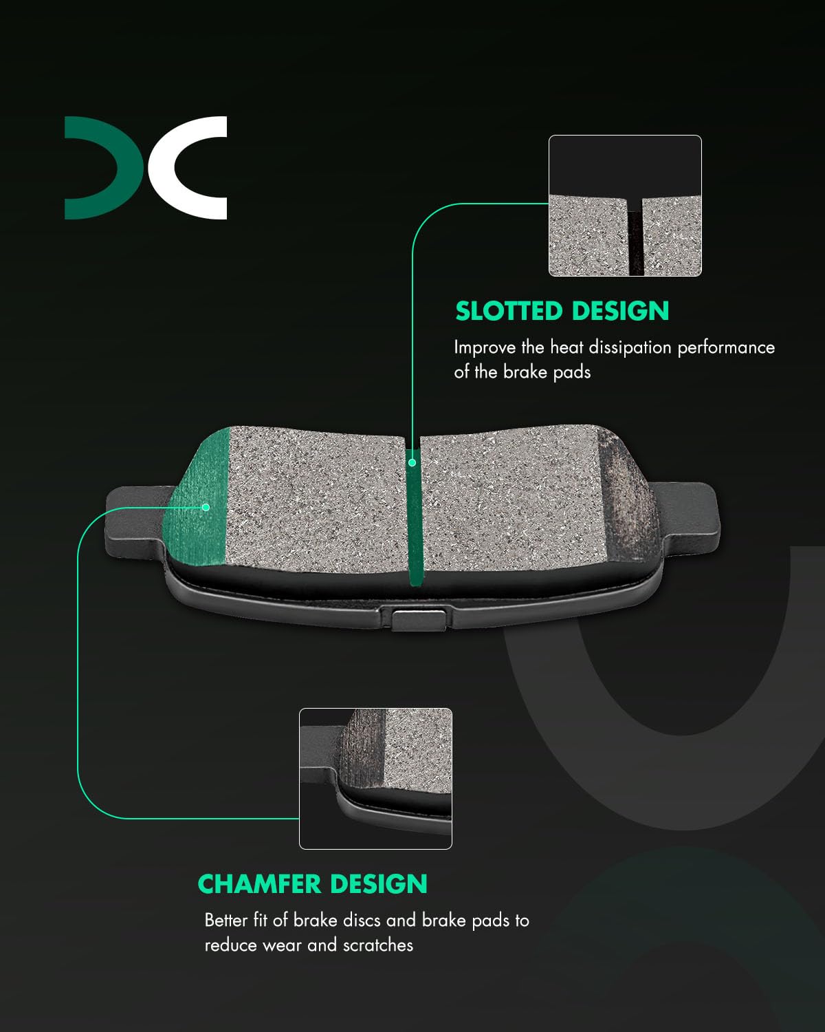 SCITOO close-up of pad profile revealing ceramic surface for quieter braking