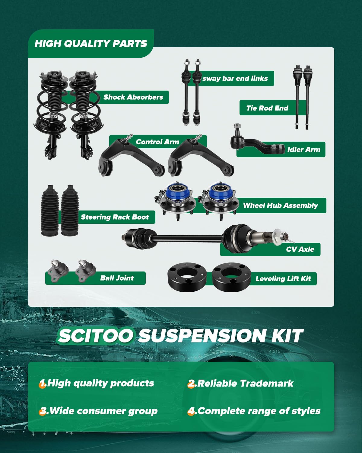 SCITOO lower control arm close-up showing forged steel strength benefit