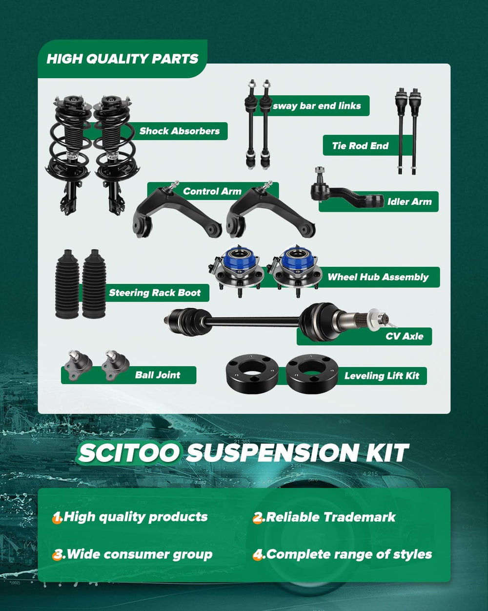 SCITOO lower control arm close-up showing forged steel strength benefit