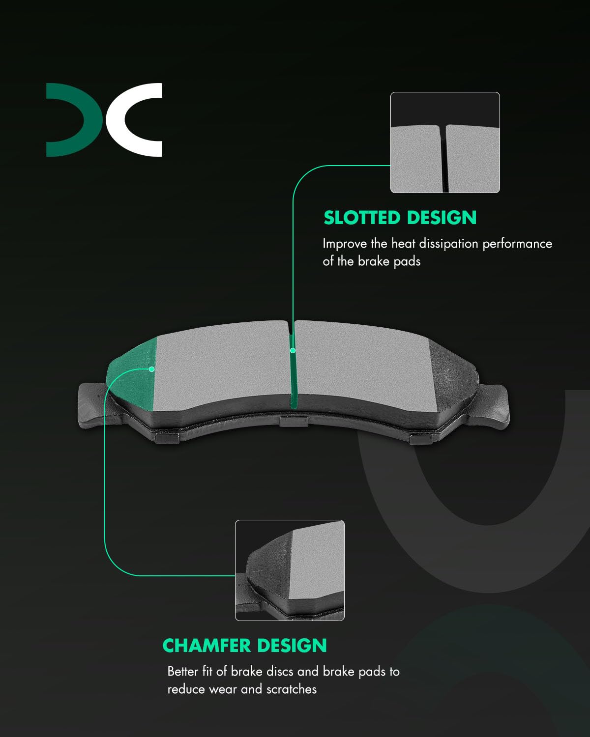 SCITOO close-up of front pad slots and chamfer reducing vibration and brake squeal