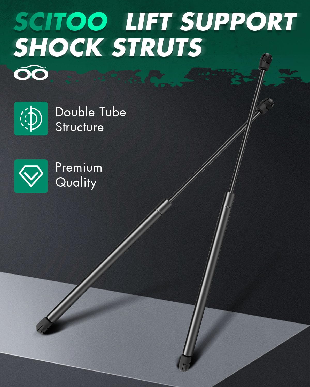 SCITOO struts installed under open hood in garage demonstrating ease
