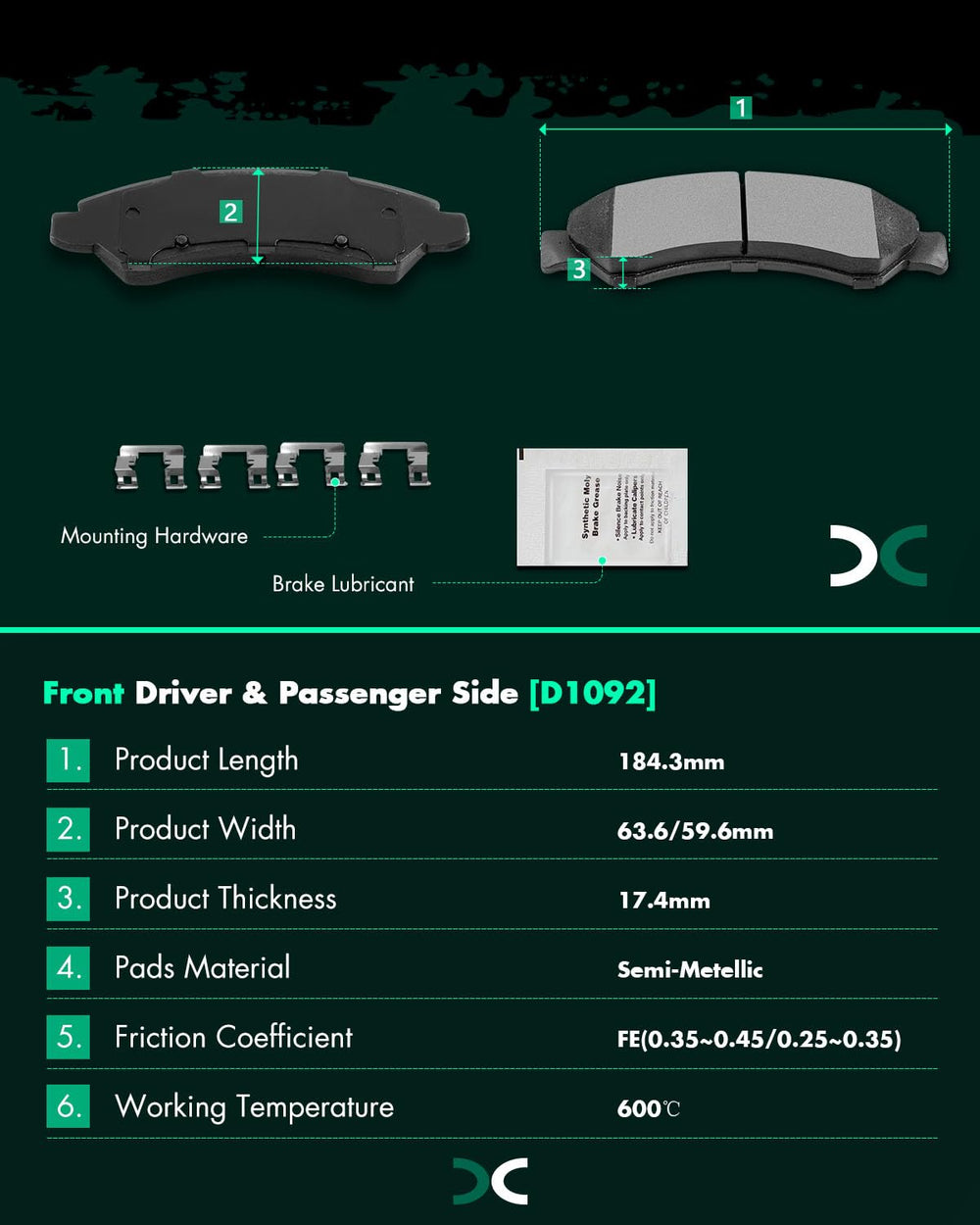 SCITOO rear pad profile with dimensions visible for precise OE fitment and easy install