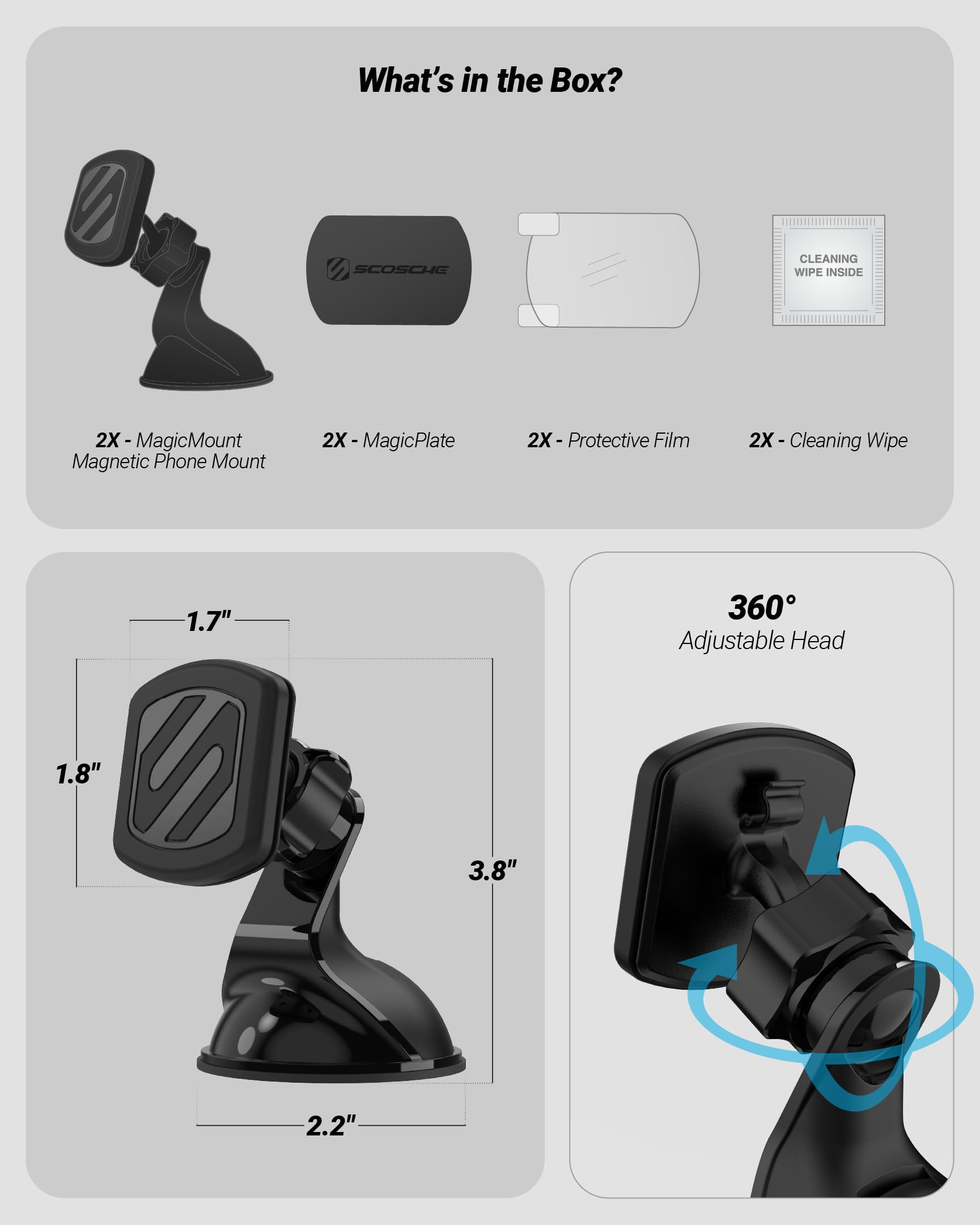 Scosche two-pack contents and accessories showing ready-to-install benefit