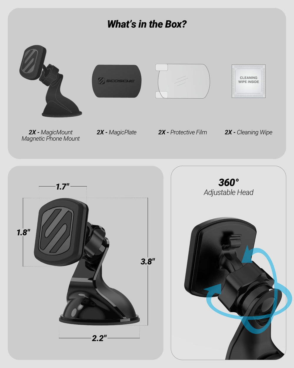 Scosche two-pack contents and accessories showing ready-to-install benefit
