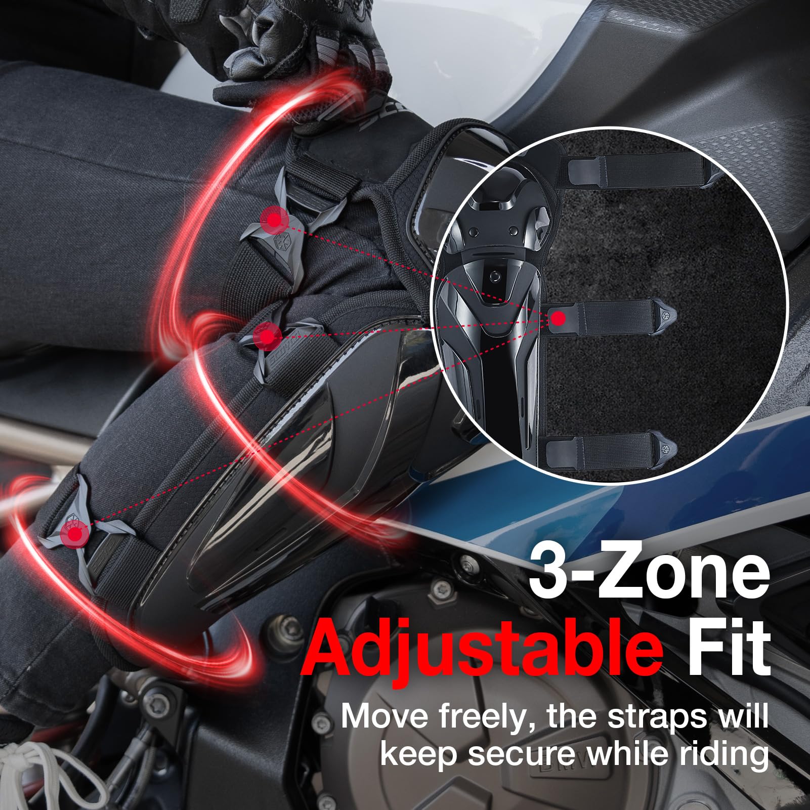 Scoyco side profile showing extended shin coverage for more protection