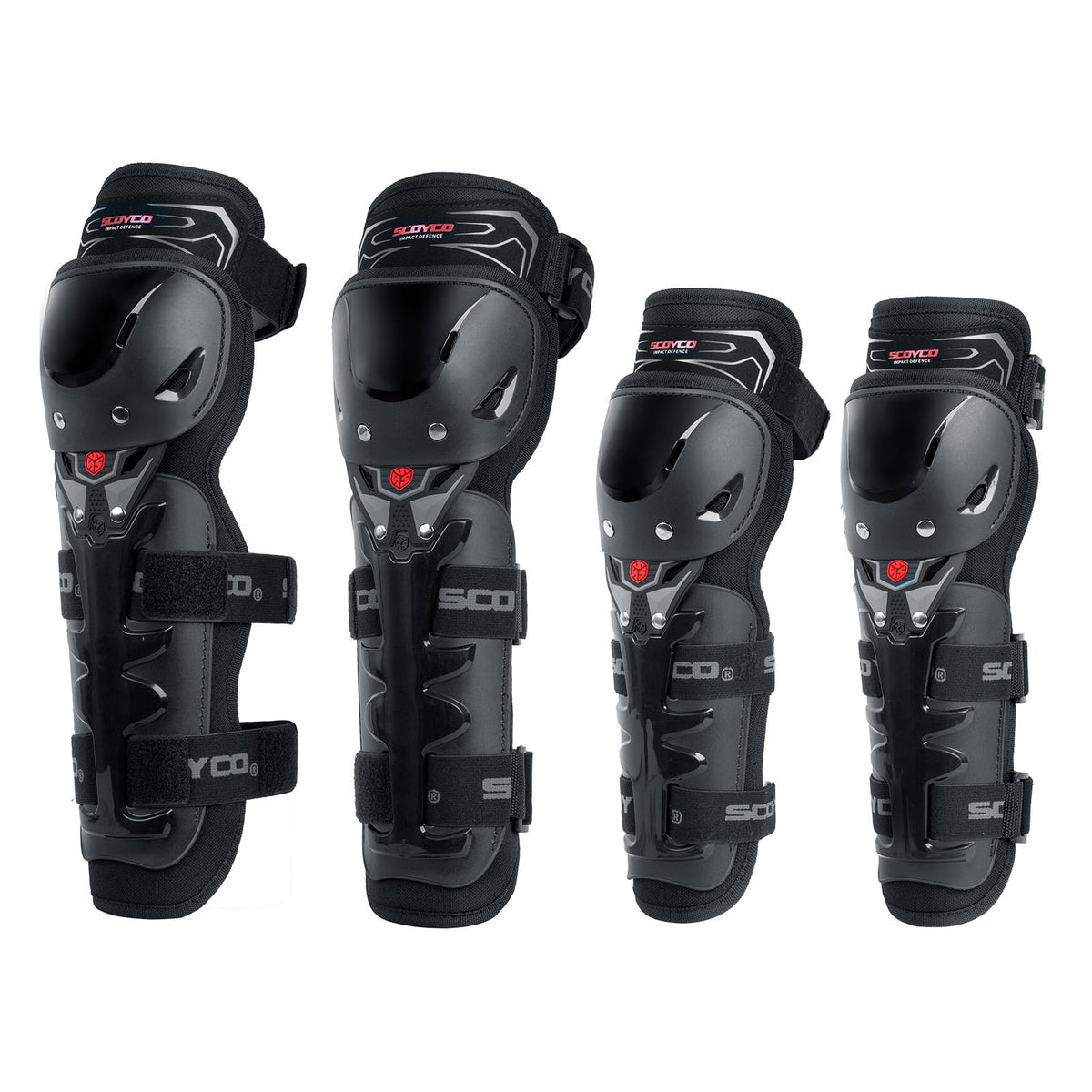 Scoyco front view of knee and elbow pads showing full coverage and fit
