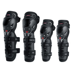Scoyco front view of knee and elbow pads showing full coverage and fit