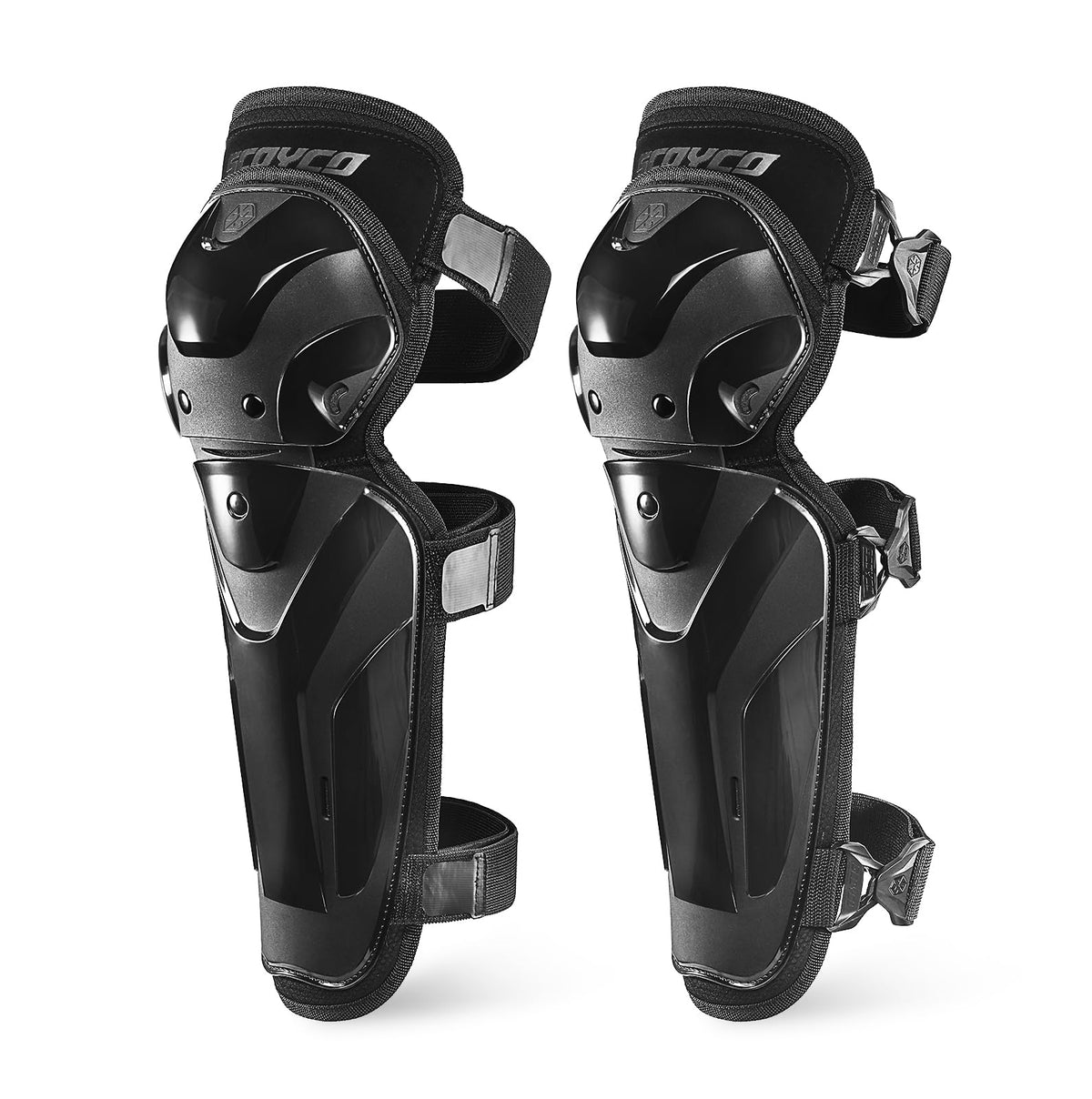 Scoyco front view of knee guards showing full coverage and secure fit