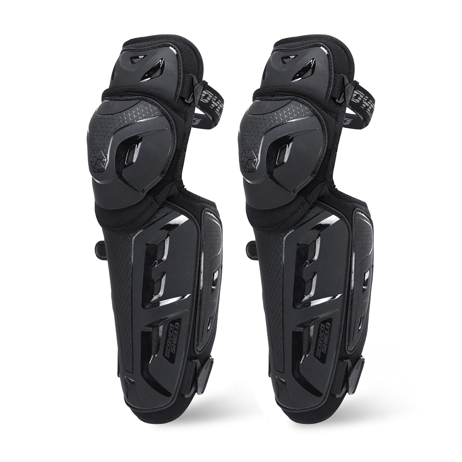 Scoyco front view of knee pads showing secure coverage and confidence