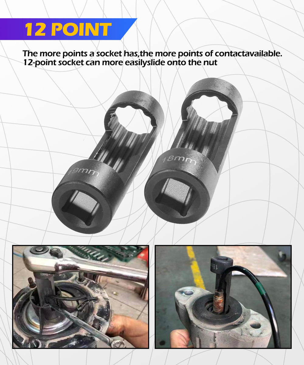 SCUARI socket mounted on a strut nut with torque wrench demonstrating controlled tightening