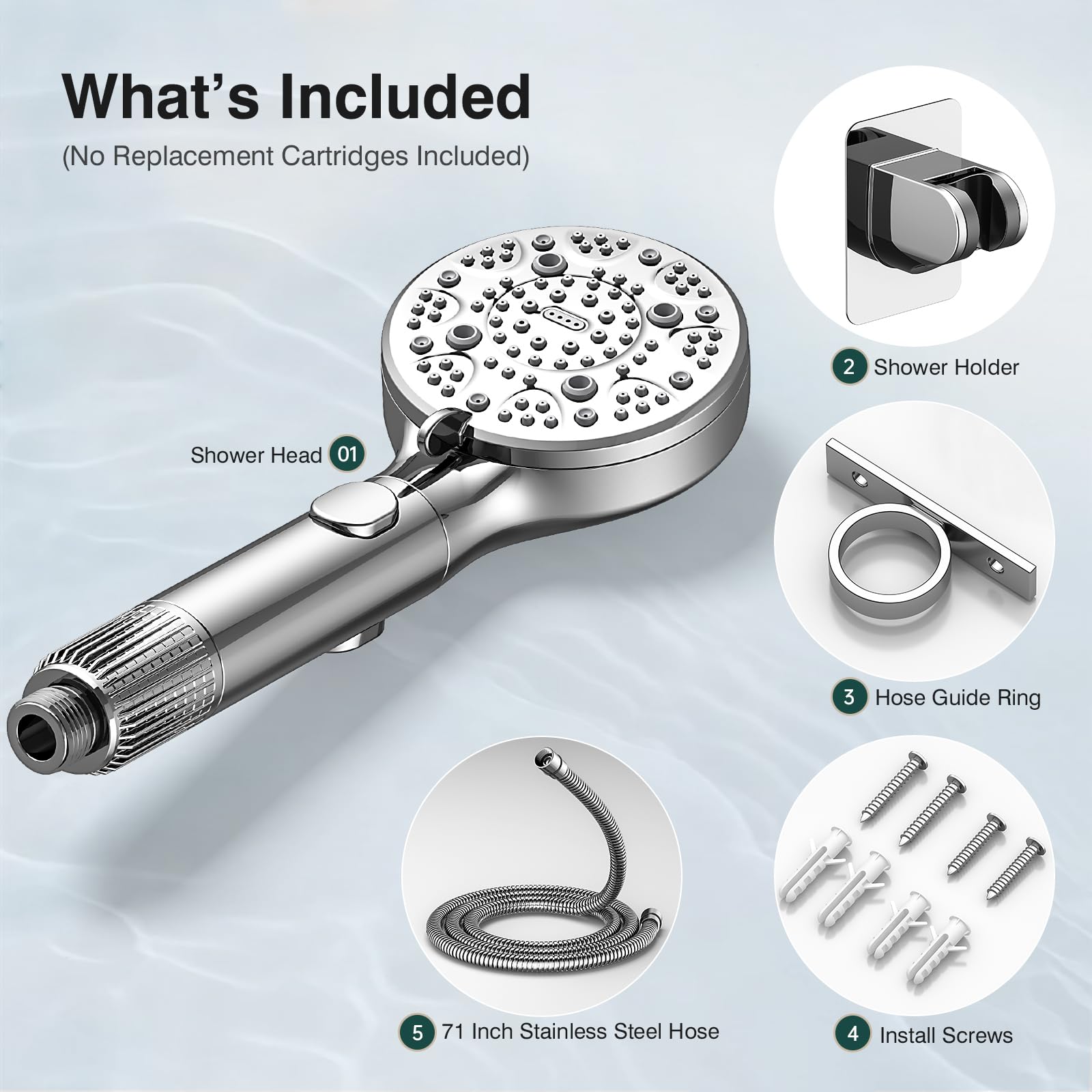 SeaCity shower head next to hand showing compact size and travel convenience