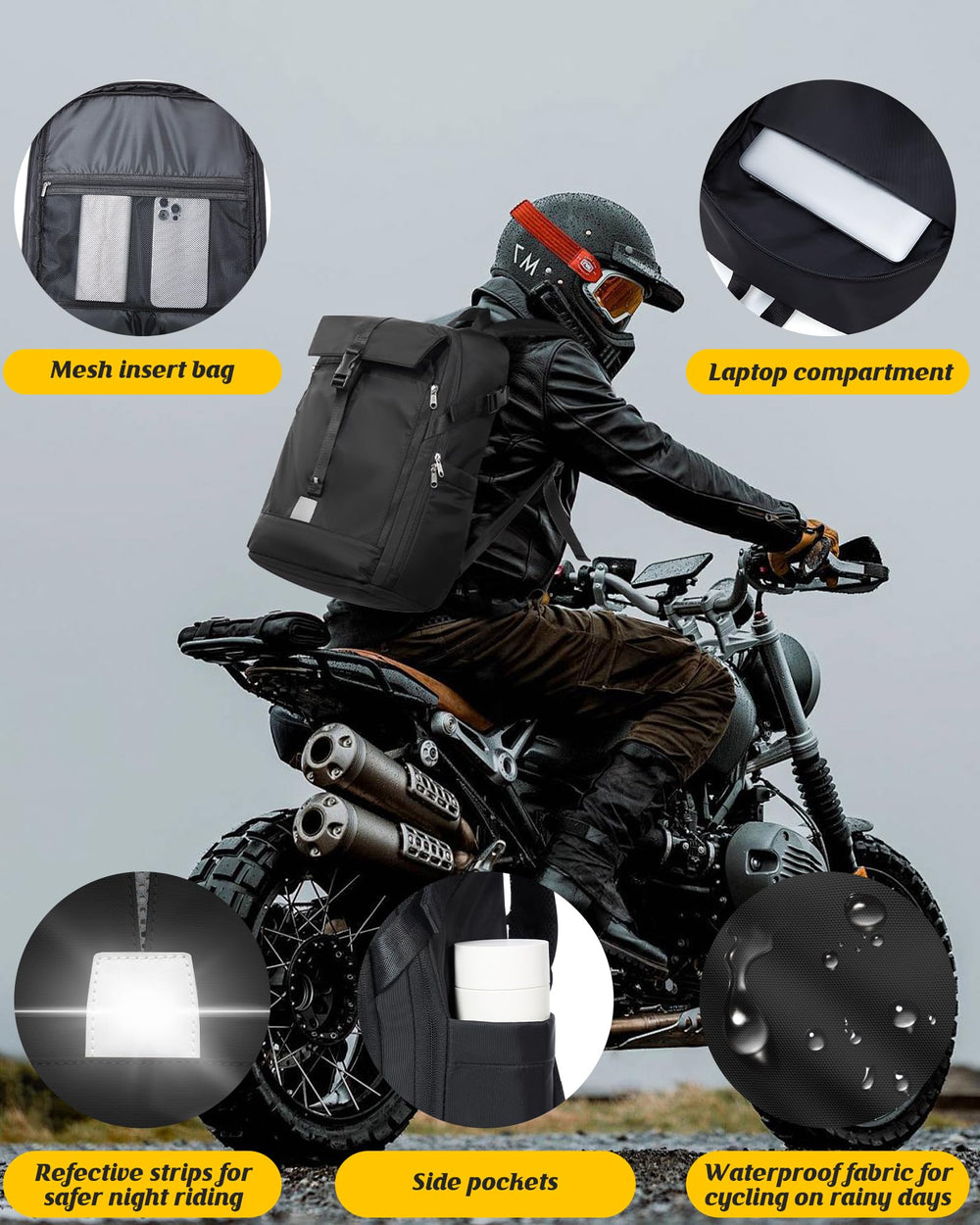 SEAFEW backpack worn by rider in lifestyle shot for travel-ready use