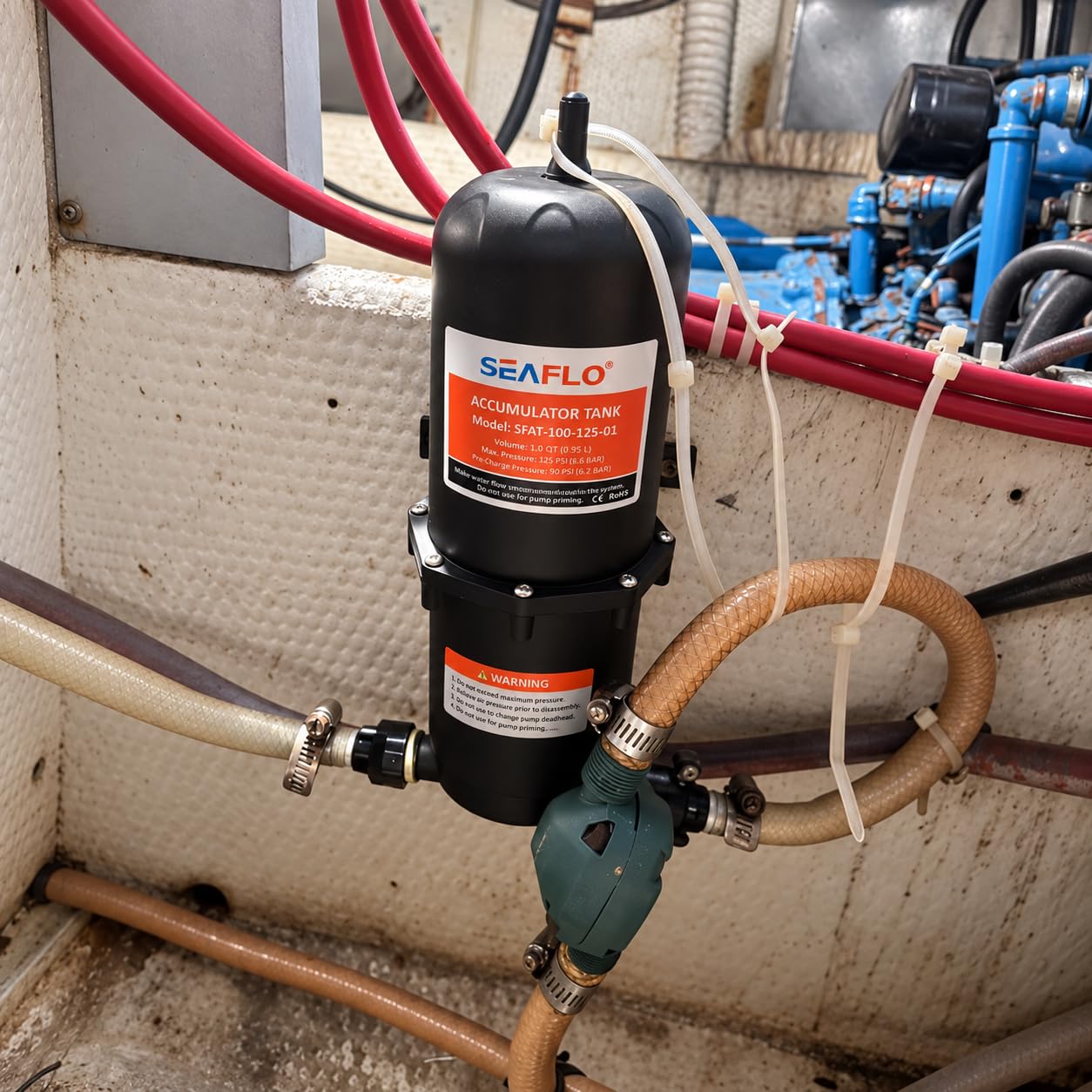 SEAFLO accumulator label and materials closeup demonstrating NSF-tested potable water safety