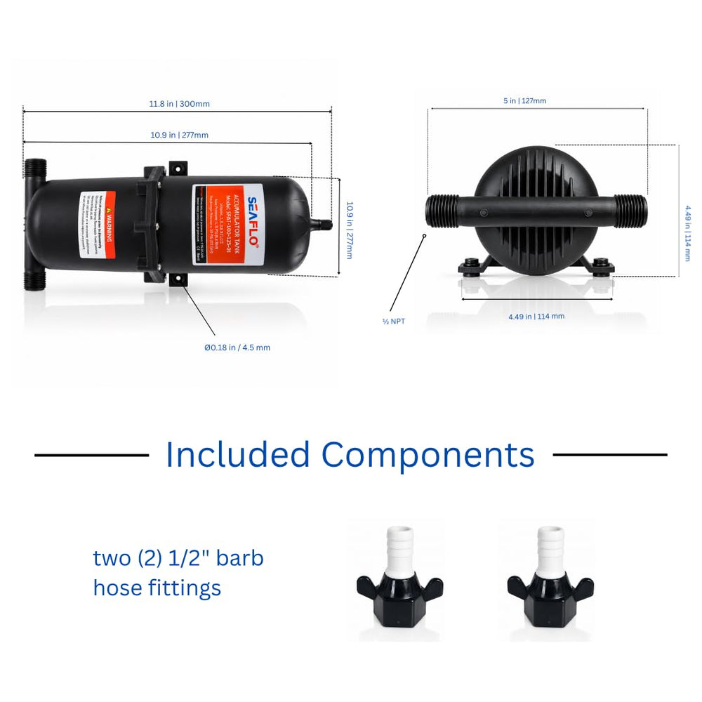 SEAFLO accumulator size comparison with hand showing compact 39 oz capacity for tight spaces
