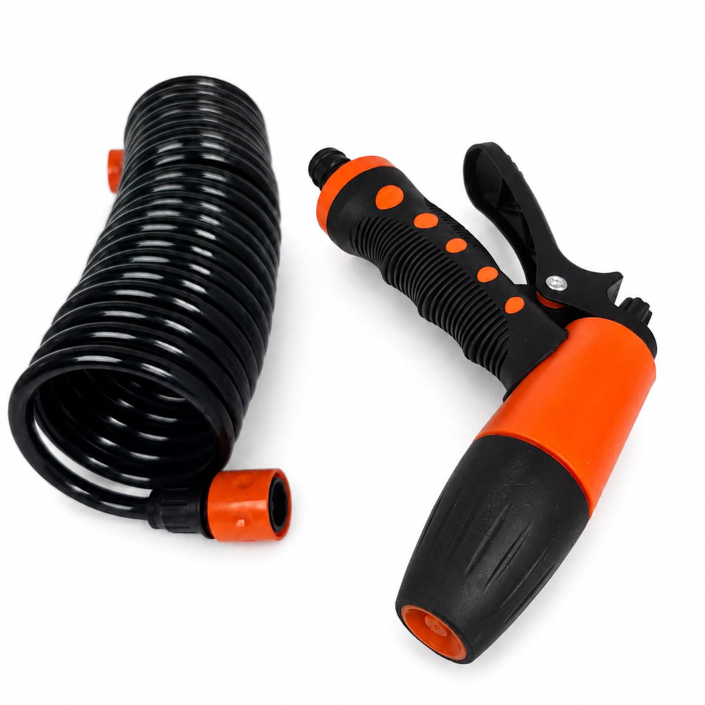 SEAFLO coiled hose close-up showing kink-resistant coil and durability