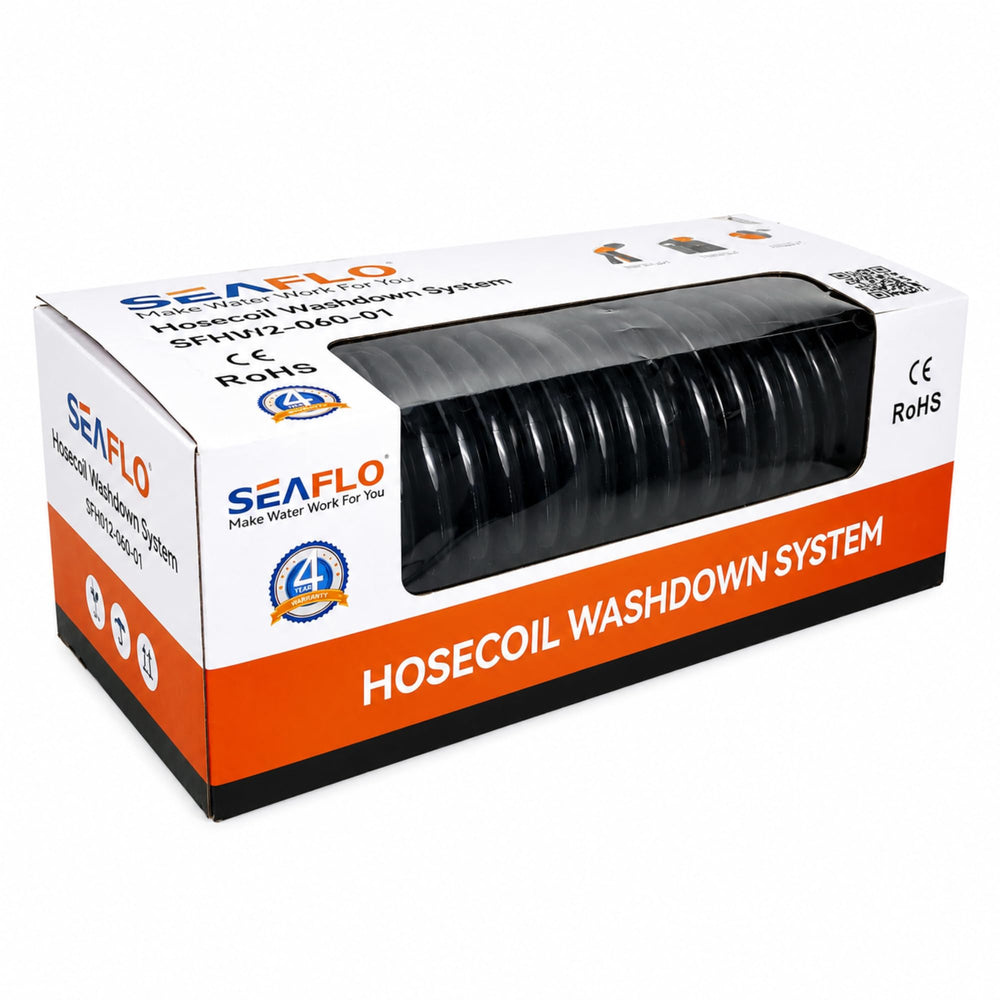 SEAFLO hose beside ruler showing 20 ft reach and compact retraction