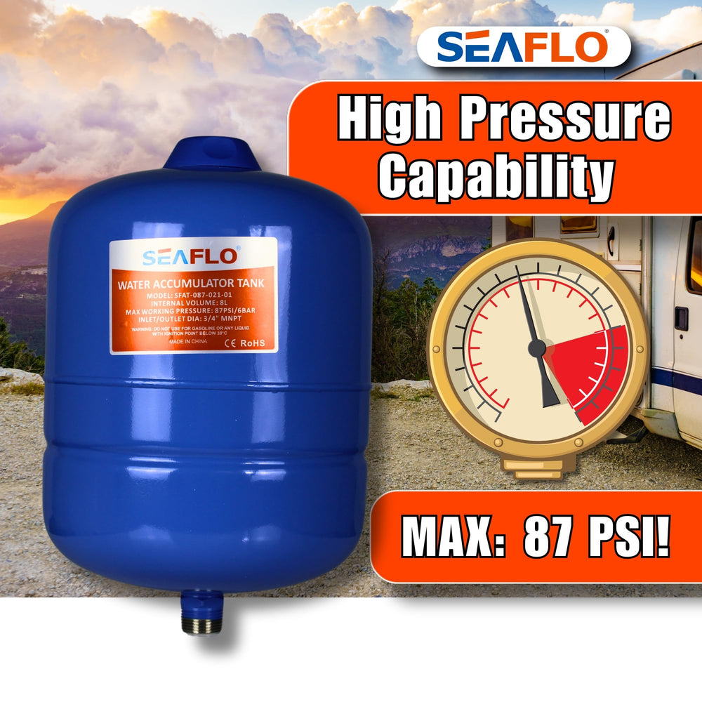 SEAFLO tank installed in RV plumbing under sink, reduces pump cycling and saves battery power