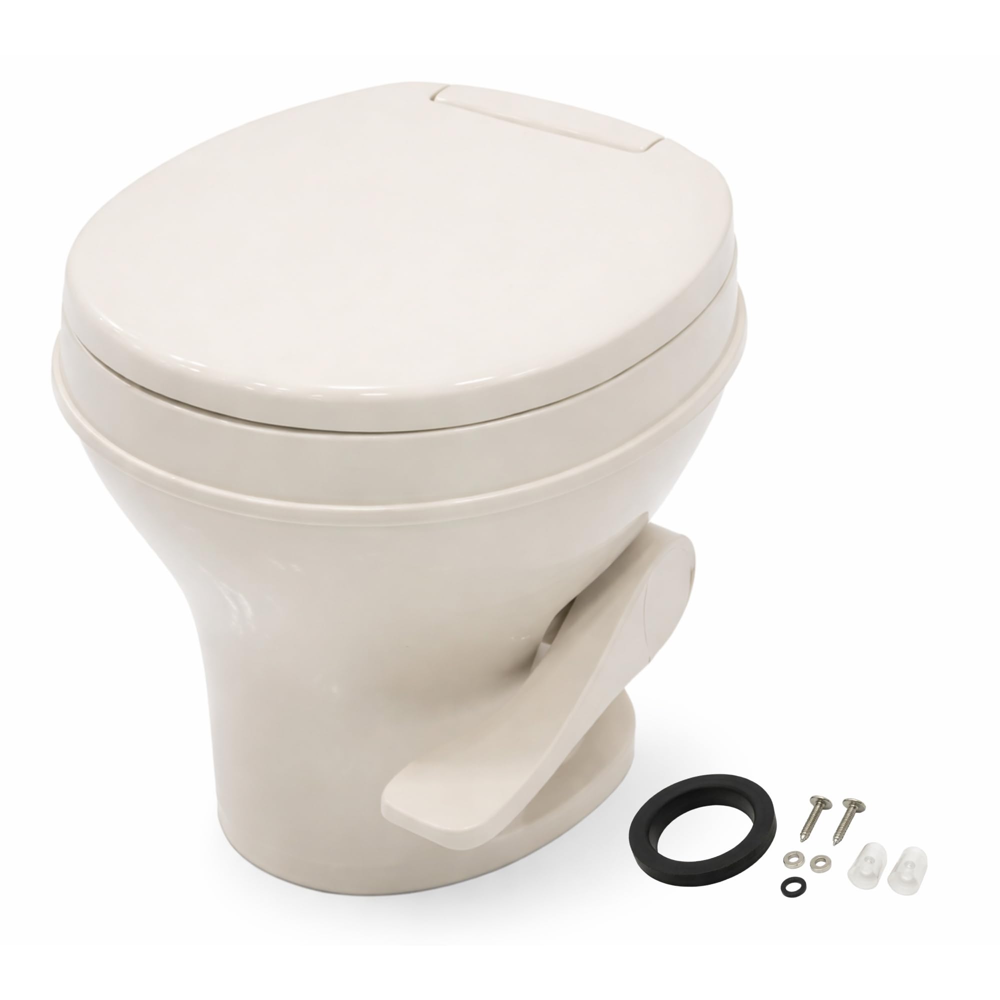 SEAFLO front view of RV toilet showing bone finish and clean profile benefit comfort