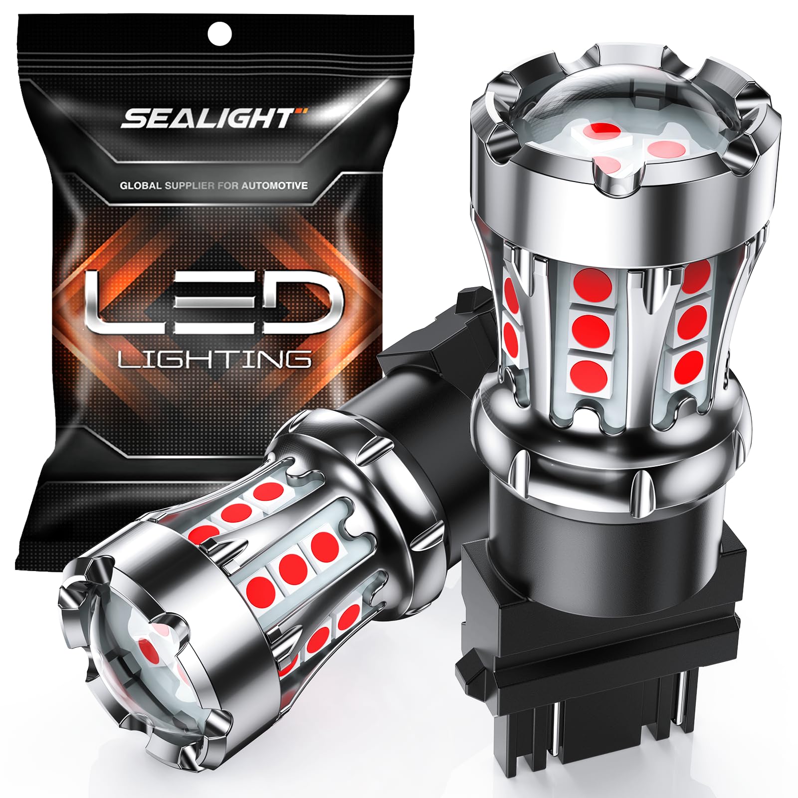 SEALIGHT front view pack of 2 bulbs showing bright red output and easy swap benefit