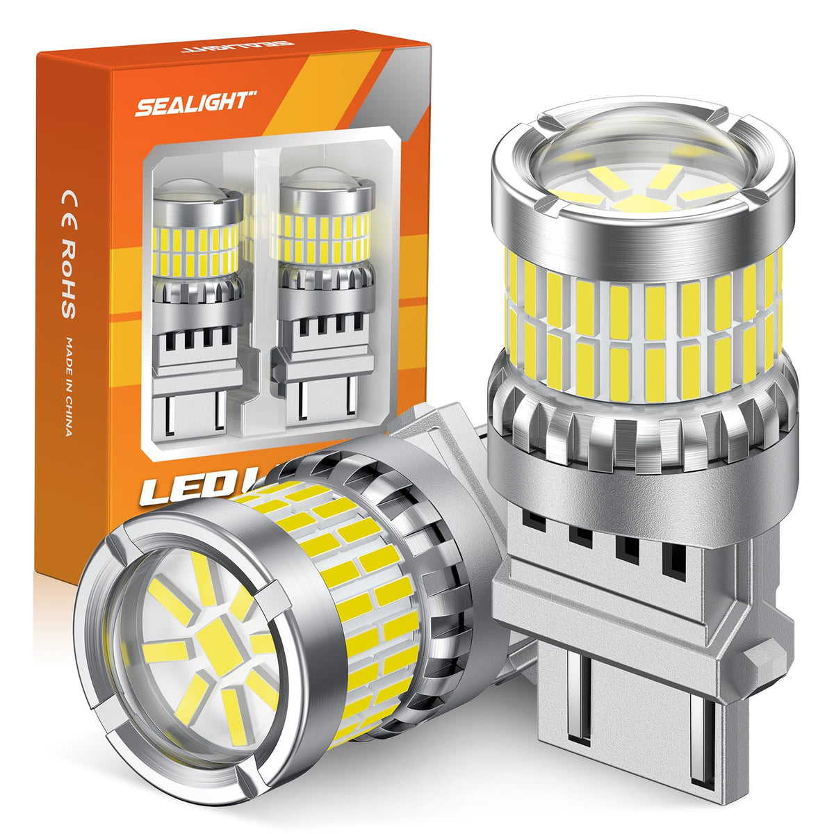 SEALIGHT 3157 bulbs front view showing bright white output and easy installation
