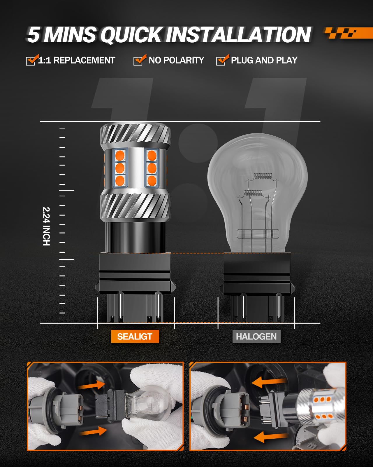 SEALIGHT 3157 beside halogen bulb for size and fit comparison benefit