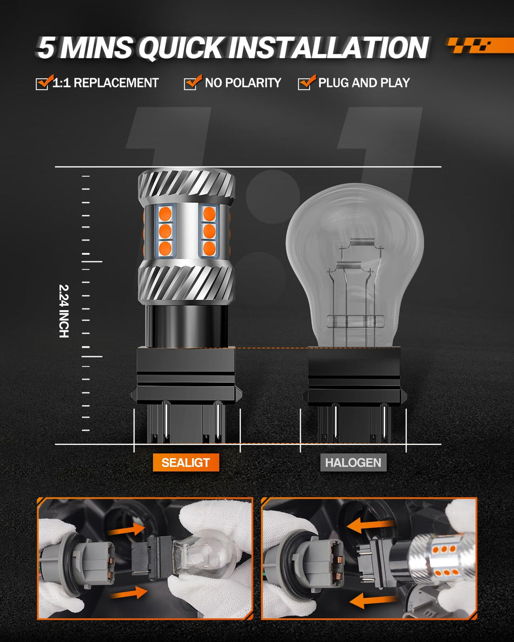 SEALIGHT 3157 beside halogen bulb for size and fit comparison benefit