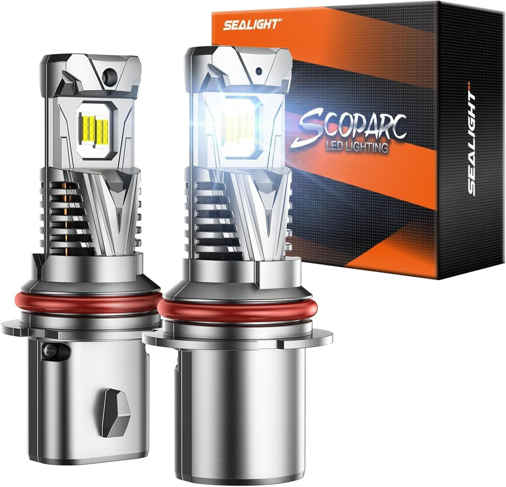 SEALIGHT 9004 front view pack of two showing compact hi/low beam design and easy swap benefit