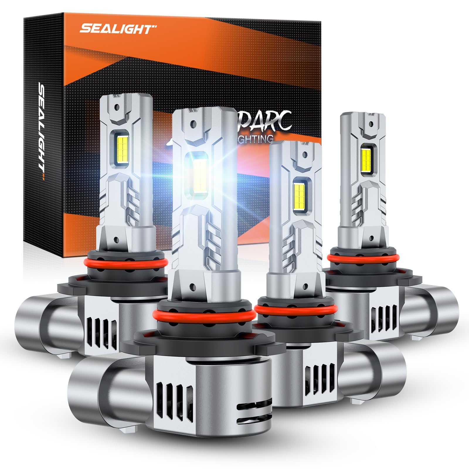 SEALIGHT 4-pack front view showing bulbs and box, highlights quick installation