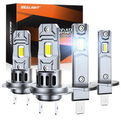 SEALIGHT front view of H1 H7 4-pack showing ready-to-install bulbs and benefits