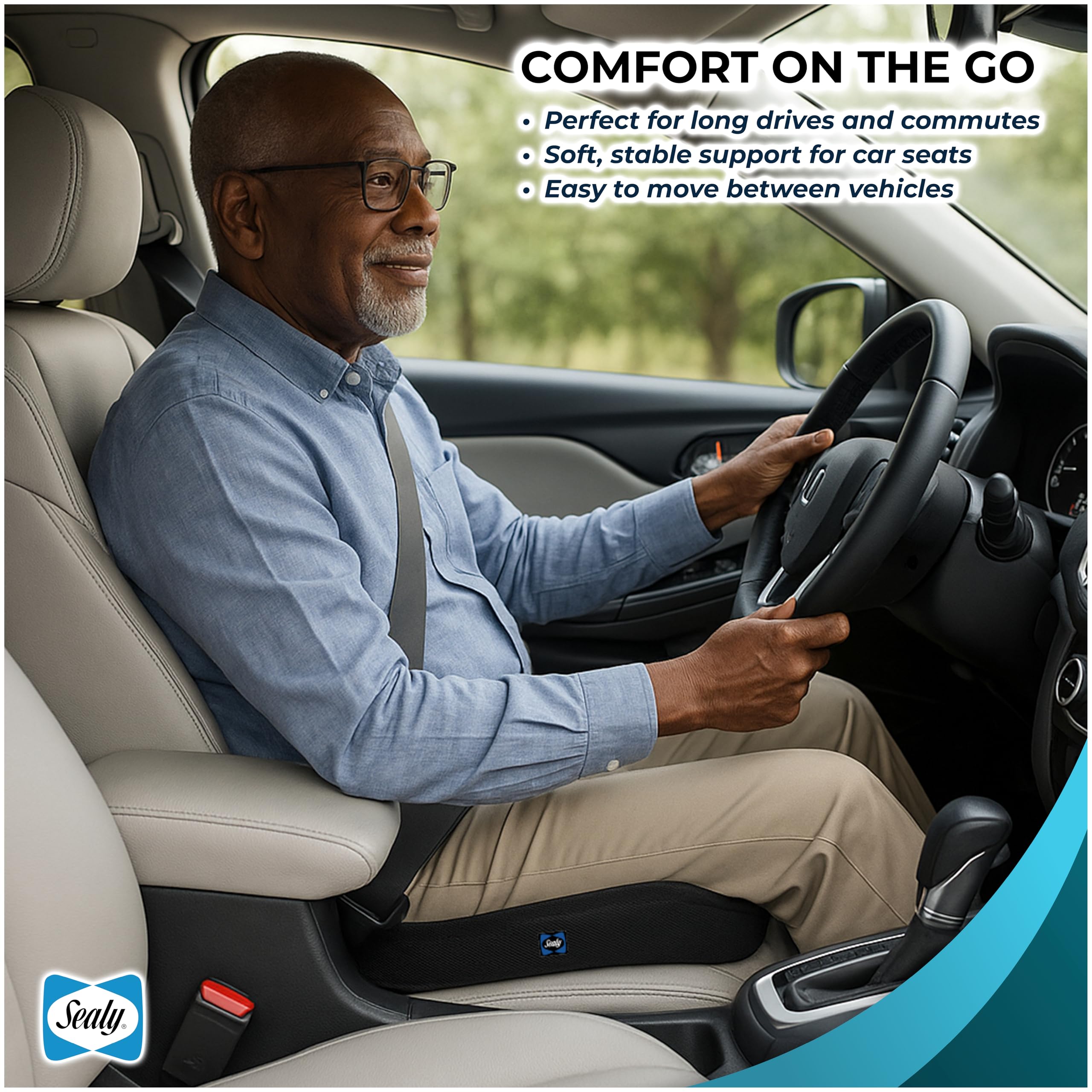 Sealy installed in car seat demonstrating portable support for driving comfort