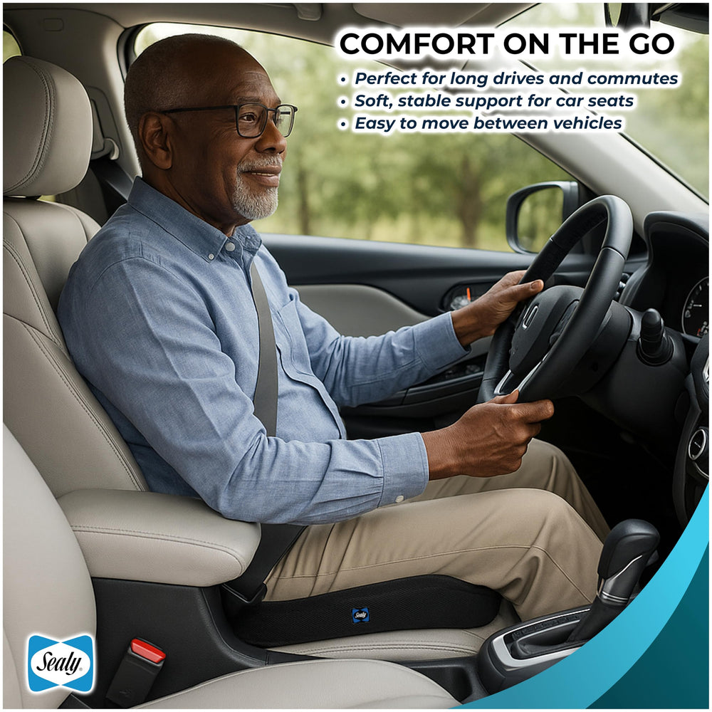 Sealy installed in car seat demonstrating portable support for driving comfort