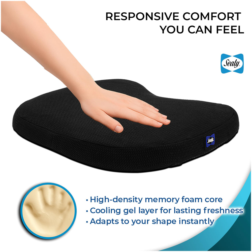 Sealy on office chair showing improved posture and long-day sitting comfort