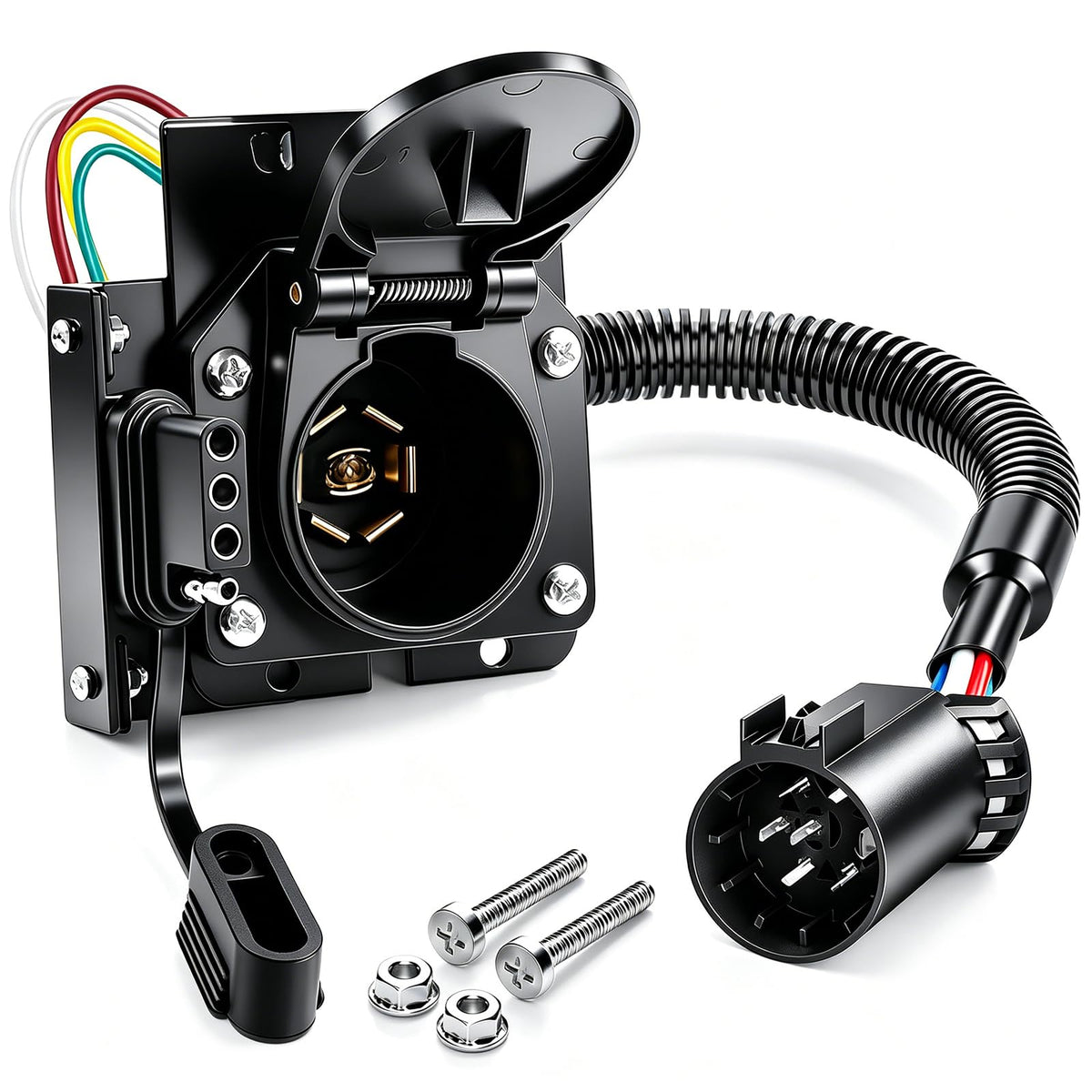 Seamaka adapter front view showing dual 7-blade and 4-flat outputs for flexible towing