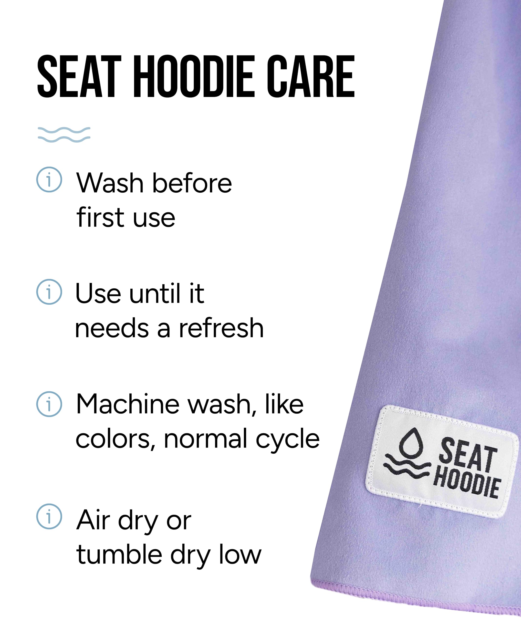 Seat Hoodie washing care label indicating machine-washable convenience